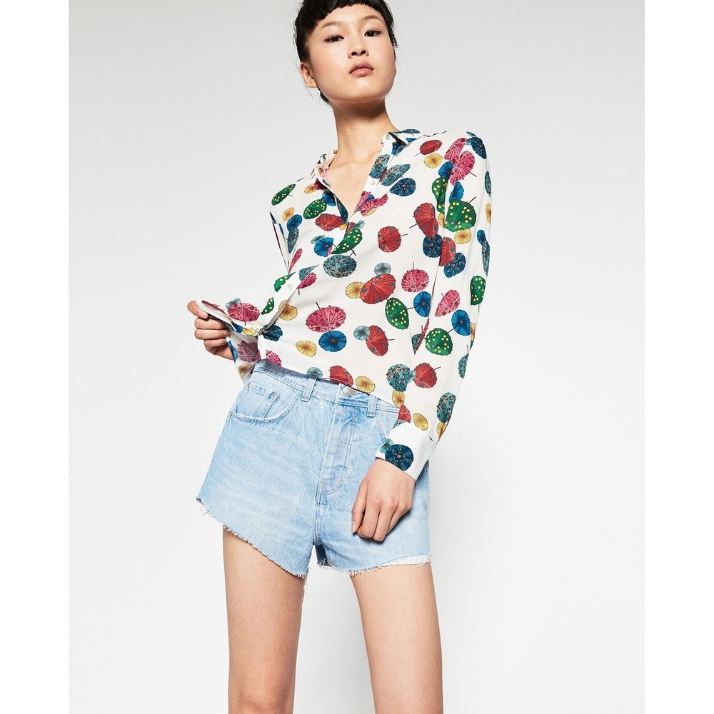 ZARA‎ Women's Small Japanese Parasol Umbrella Print Cropped Blouse Top 2794/202